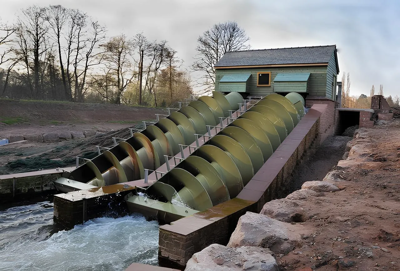 Two parallel Archimedes screw turbines producing 75 kW each, in Monmouth, Wales