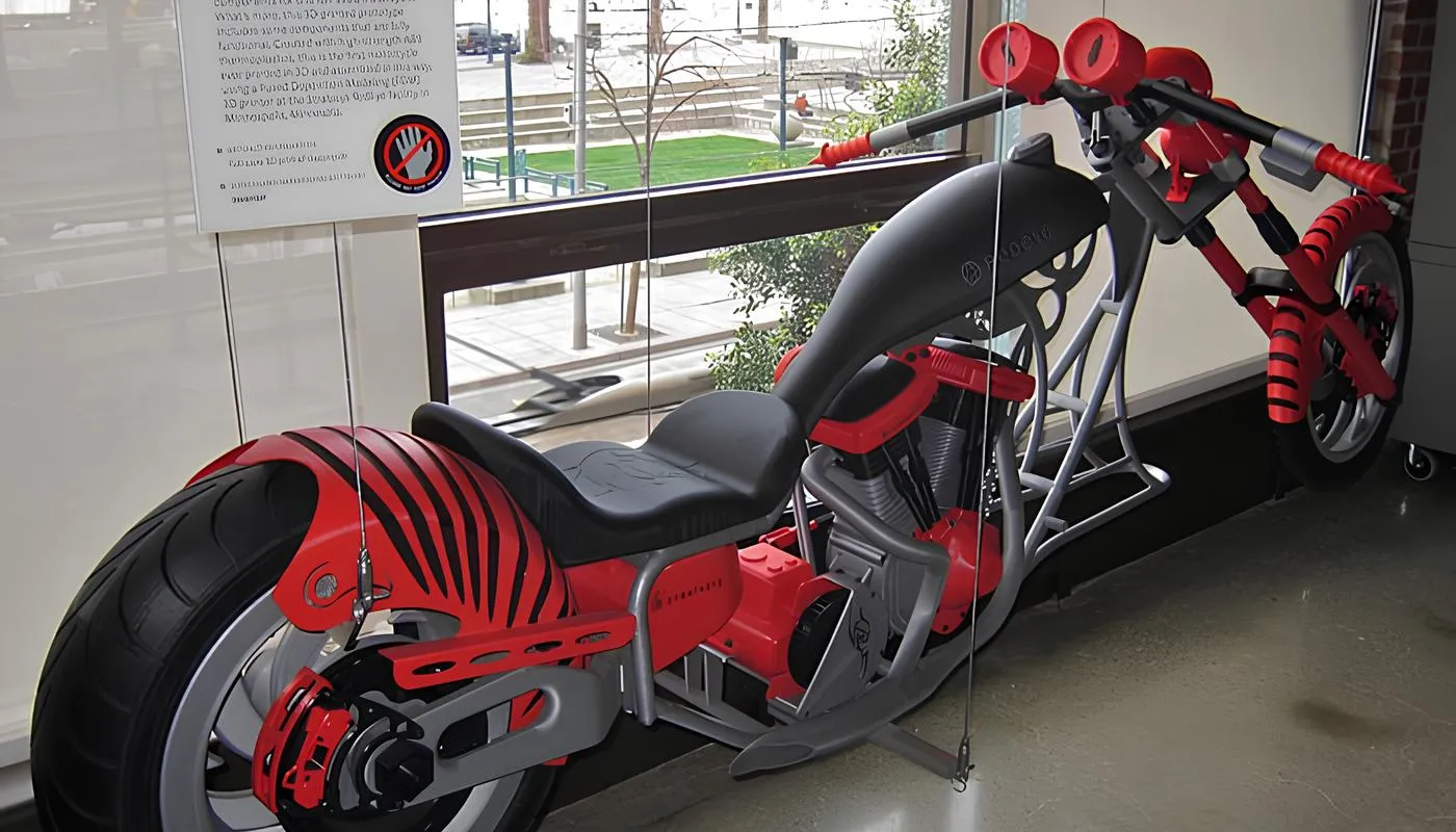An ABS-based 3D printed motorcycle with functional parts, made using FDM printing