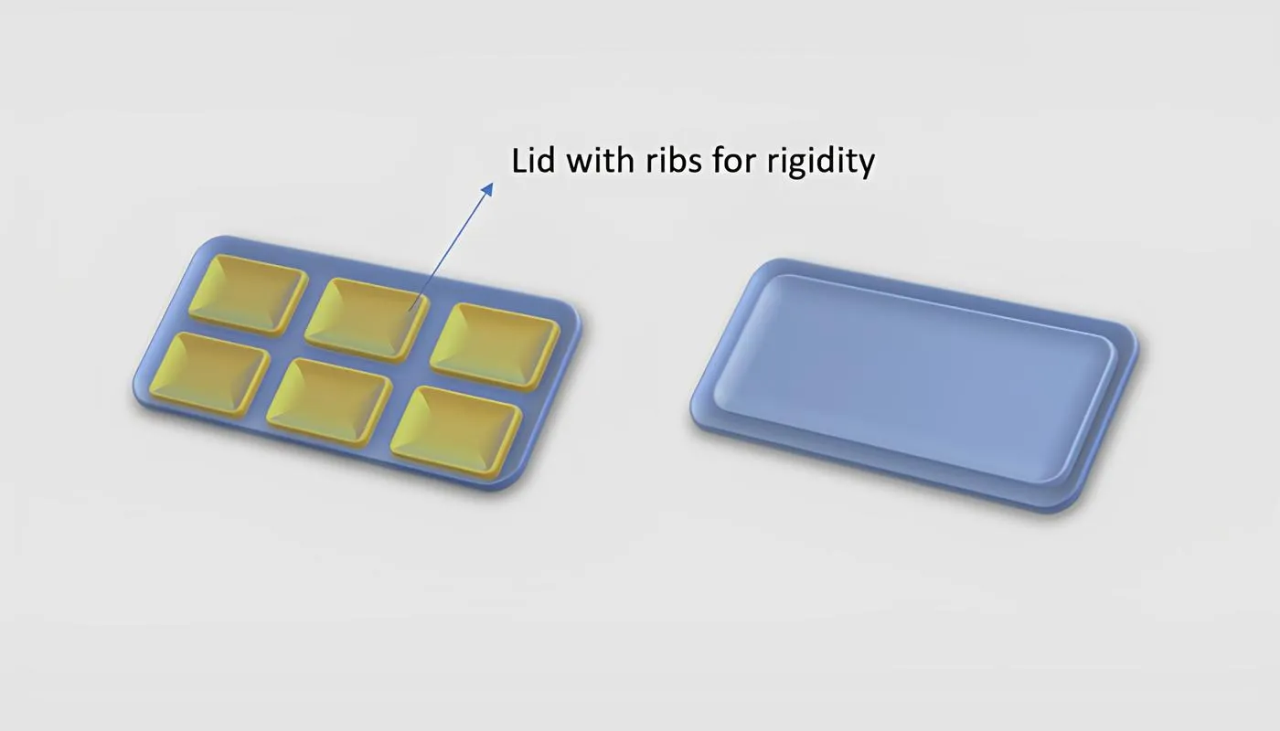 A 3D model of a lid with and without ribs