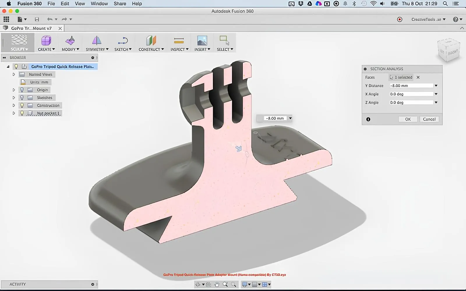 Autodesk's Fusion 360 model of a GoPro tripod adapter mount